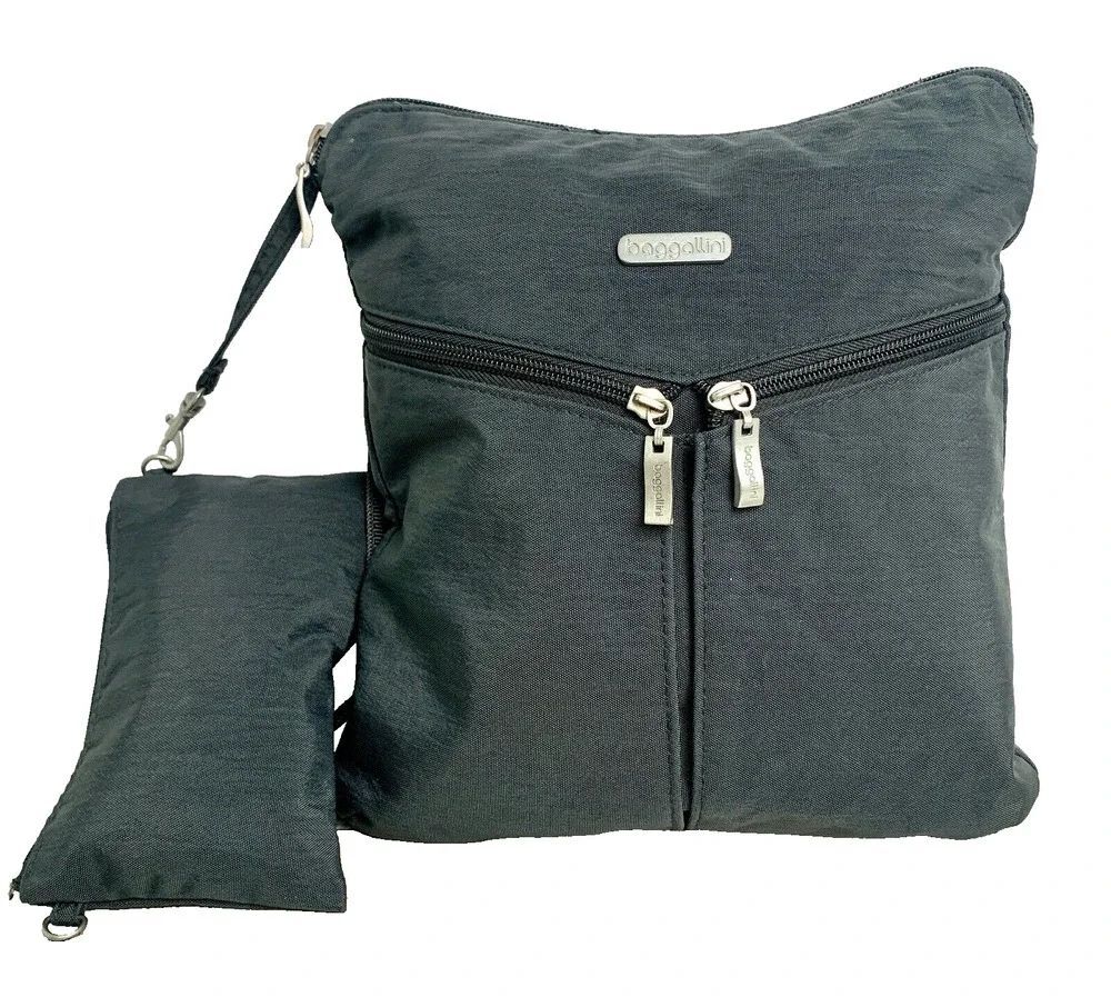 BAGGALLINI GRAY NYLON CANVAS ZIP TOP POCKETS X-BODY SHOULDER BAG HANDBAG PURSE
